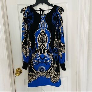 BAILEY BLUE black & blue floral open long sleeve fitted mini open back dress XS